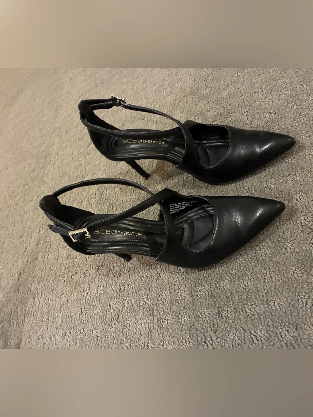 BCBGeneration Black Pointed Toe Crisscross Ankle Strap Heels